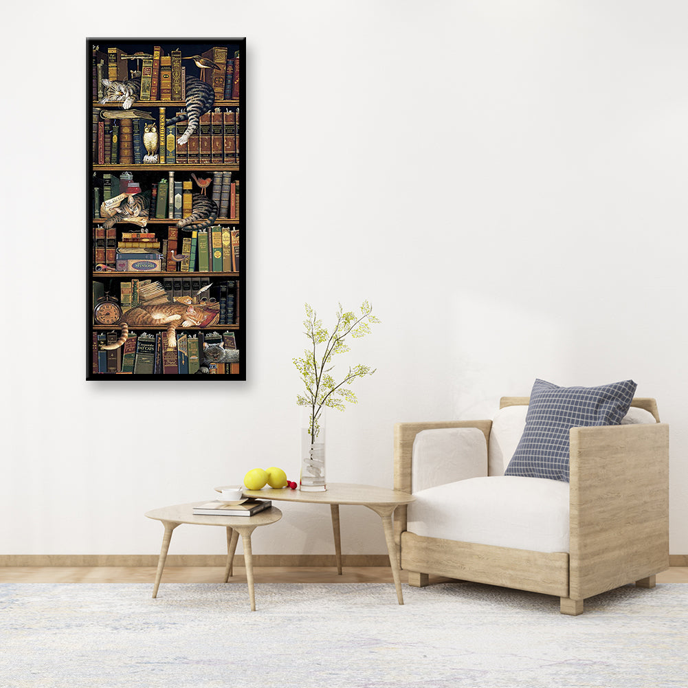 (40*80cm)Bookcase Cat - Full Round Drill Diamond Painting