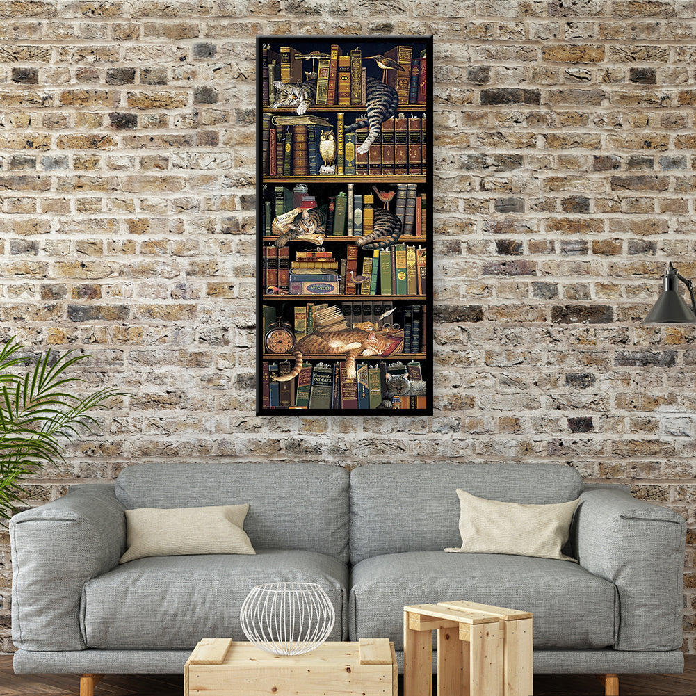 (40*80cm)Bookcase Cat - Full Round Drill Diamond Painting