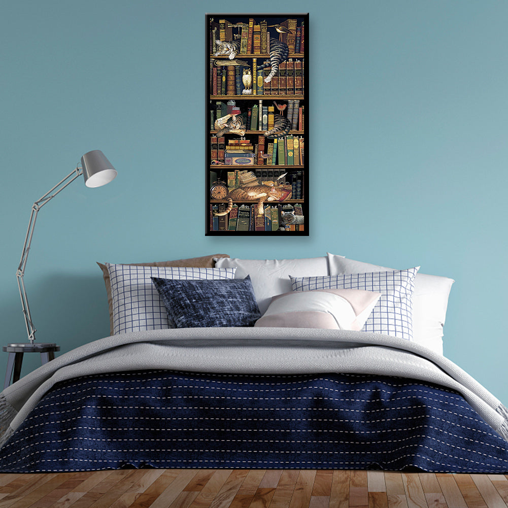 (40*80cm)Bookcase Cat - Full Round Drill Diamond Painting
