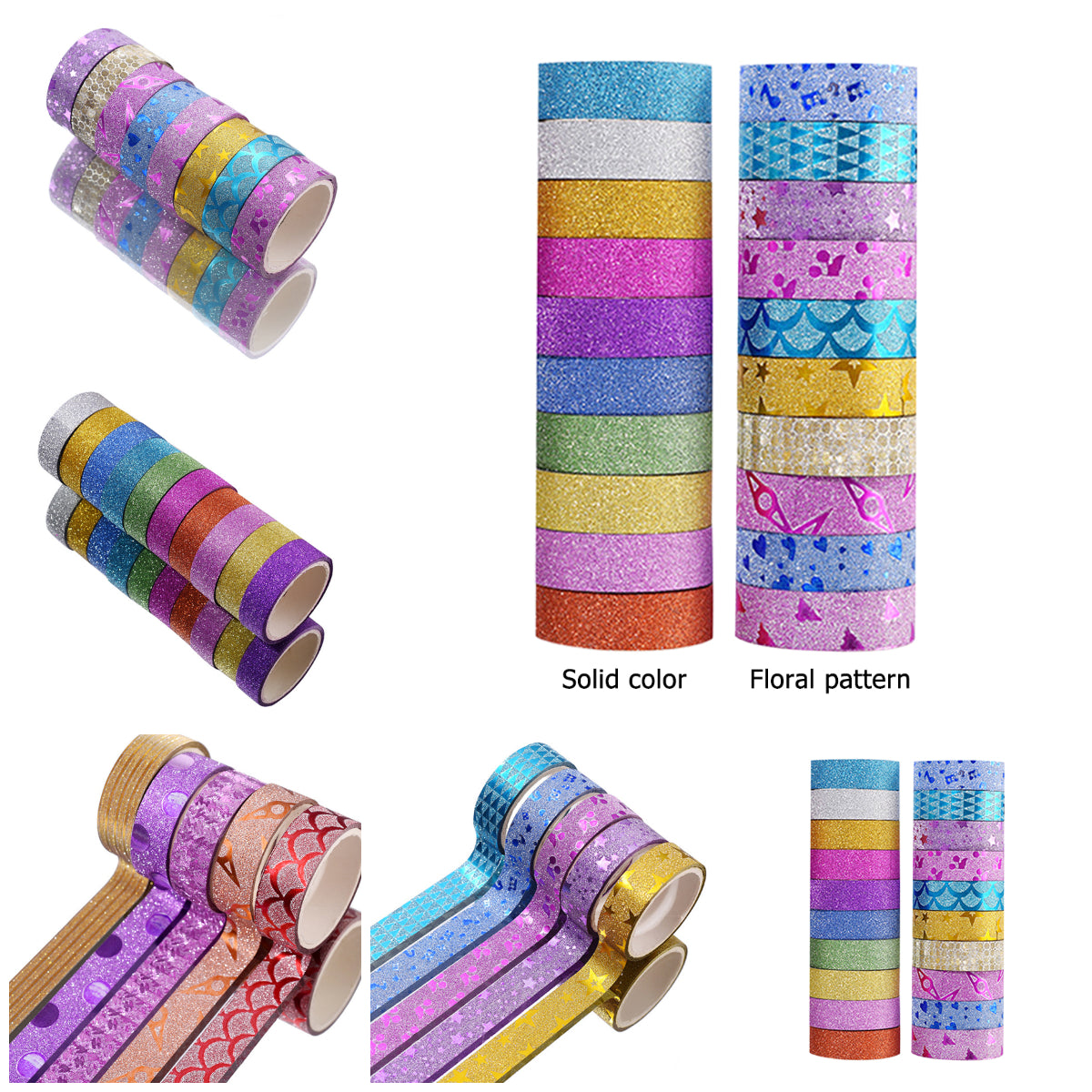 10pcs Pure Color Printing Washi Tape Glitter Luminous Diamond Stickers(3m*1.5cm Random Color)
