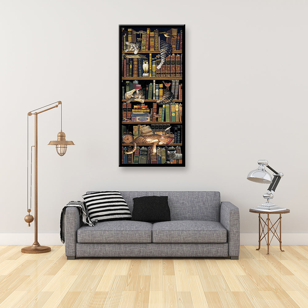 (40*80cm)Bookcase Cat - Full Round Drill Diamond Painting
