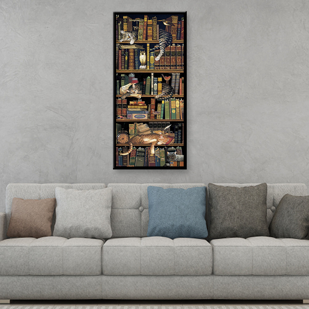(40*80cm)Bookcase Cat - Full Round Drill Diamond Painting