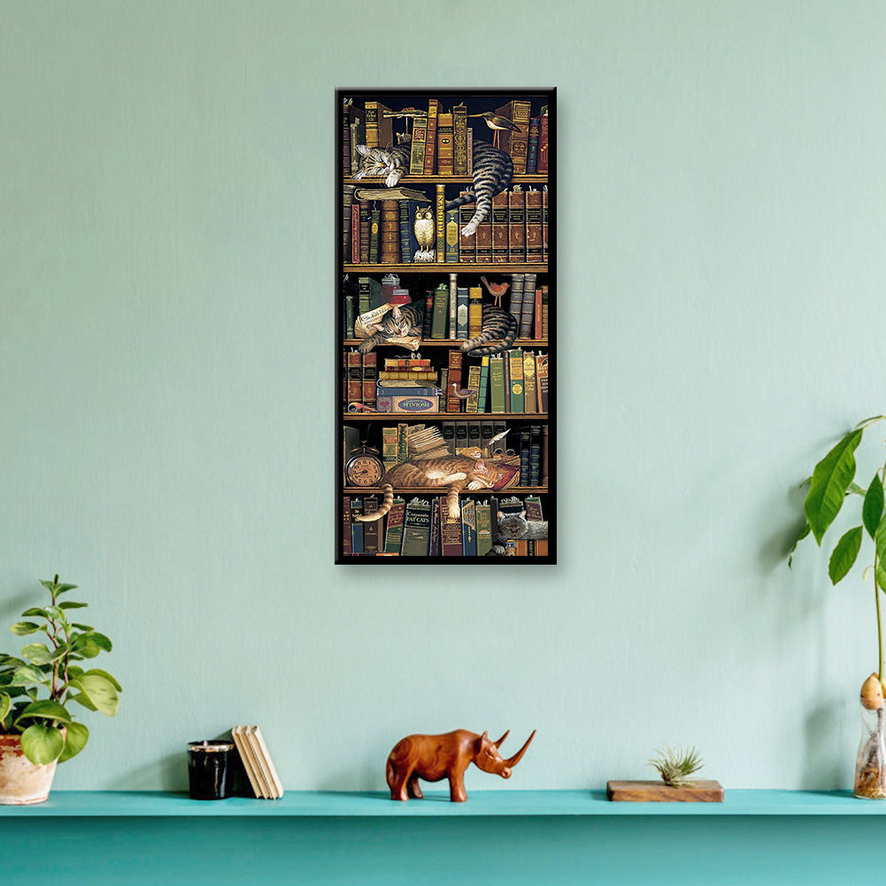 (40*80cm)Bookcase Cat - Full Round Drill Diamond Painting