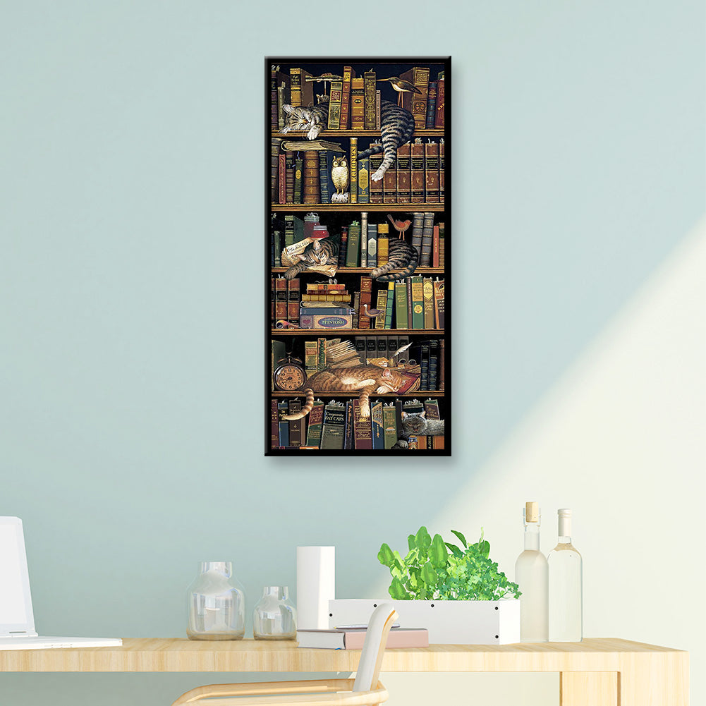 (40*80cm)Bookcase Cat - Full Round Drill Diamond Painting