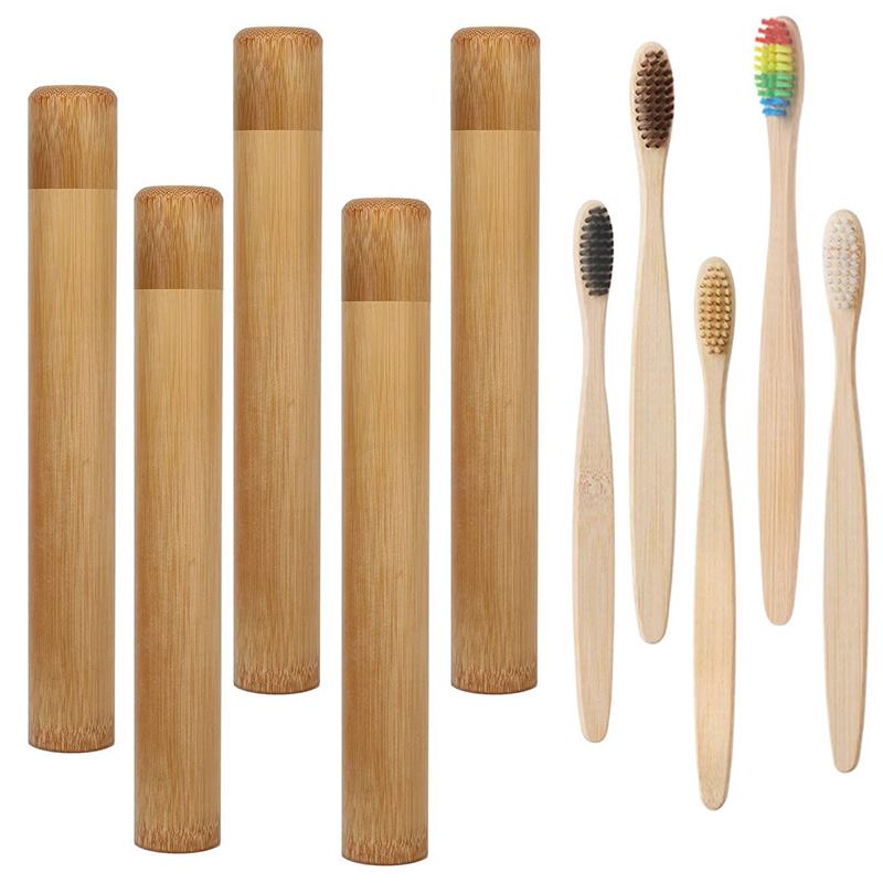 Wholesale Soft Bristles Adult Toothbrush Kit Bamboo Toothbrushes with Case Eco Friendly Recyclable Wooden Holder Comb Cotton Bud
