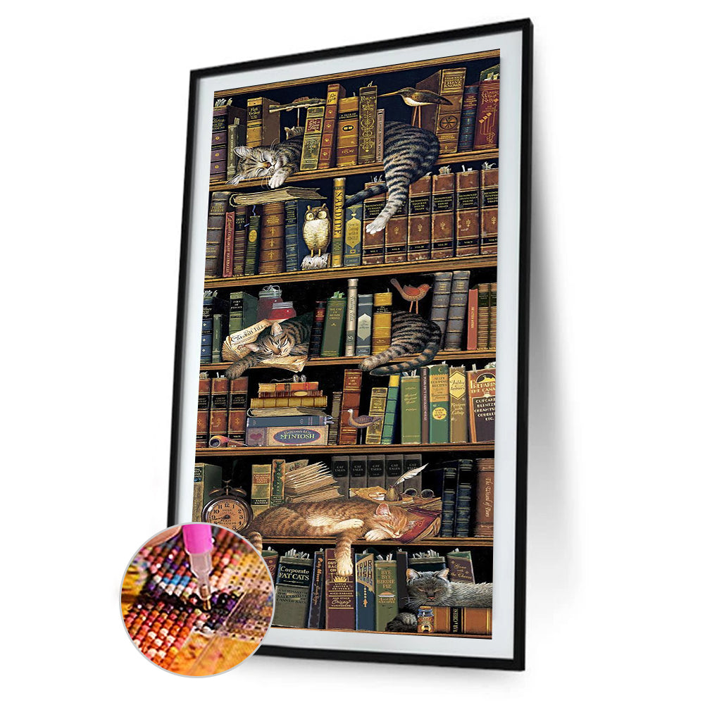 (40*80cm)Bookcase Cat - Full Round Drill Diamond Painting
