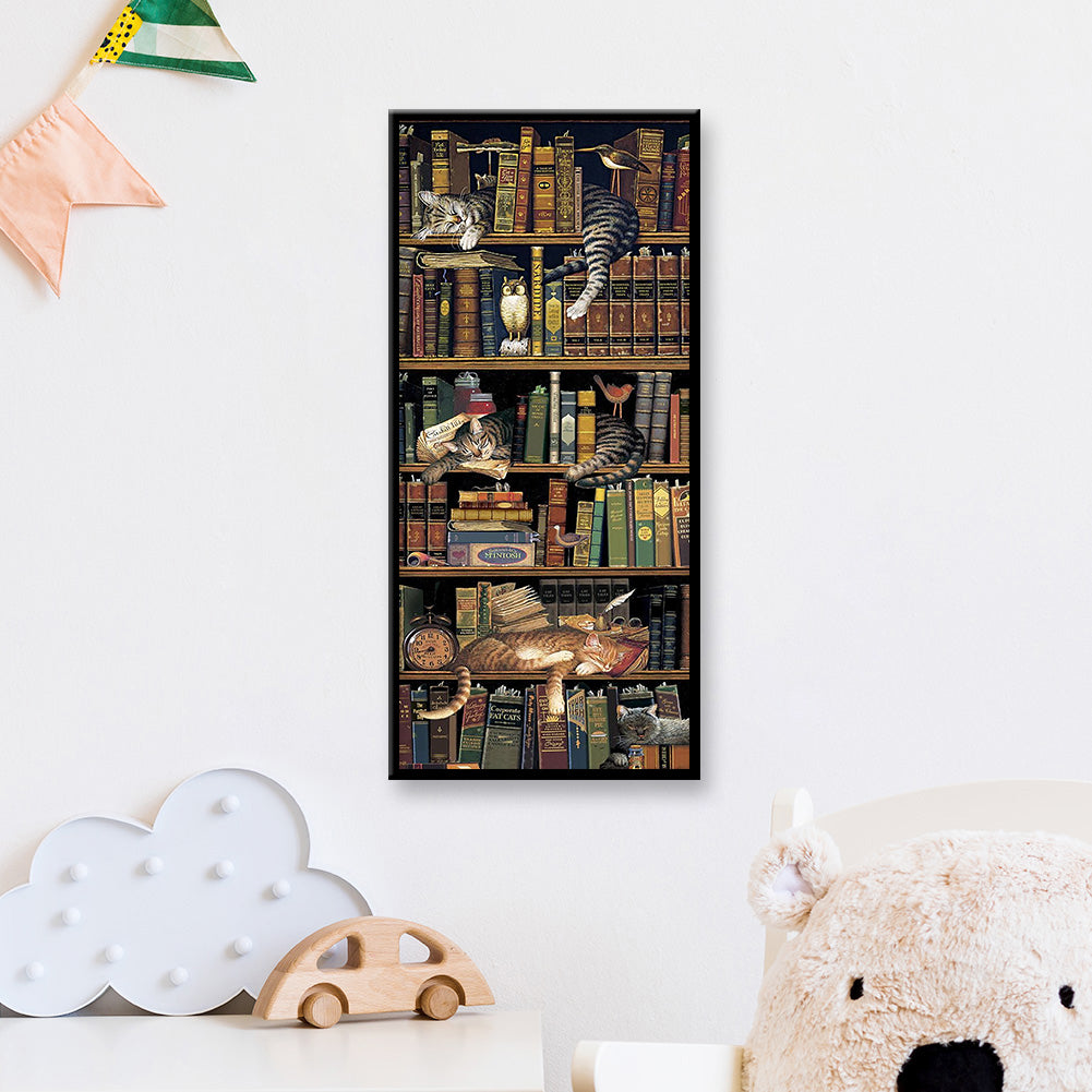 (40*80cm)Bookcase Cat - Full Round Drill Diamond Painting