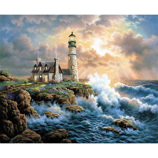 (60*50cm)Beach Lighthouse - Full Round Drill Diamond Painting