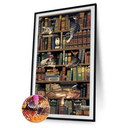 (40*80cm)Bookcase Cat - Full Round Drill Diamond Painting