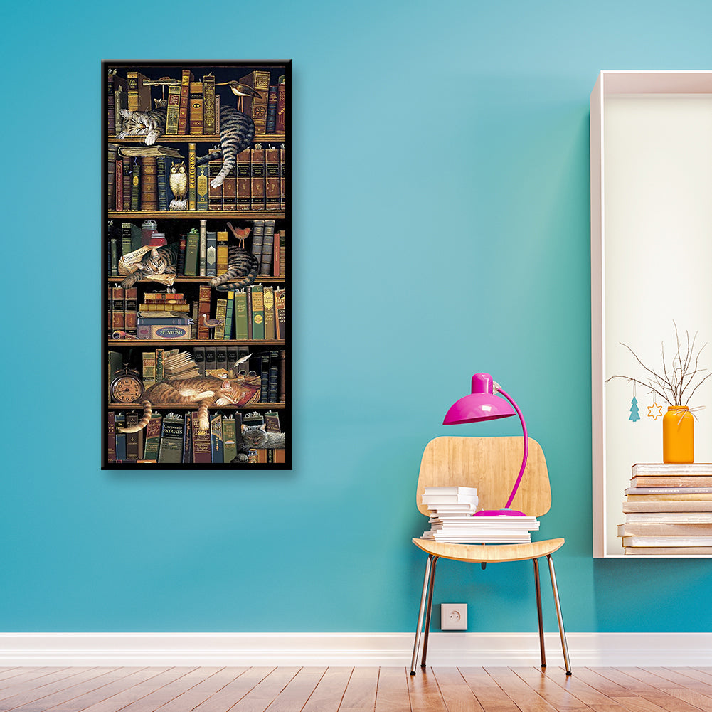(40*80cm)Bookcase Cat - Full Round Drill Diamond Painting