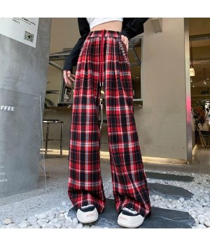 P4923 Vintage plaid drawstring high-waisted straight leg slacks