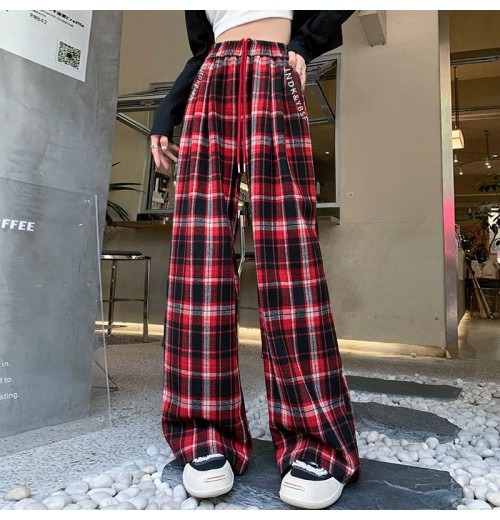 P4923 Vintage plaid drawstring high-waisted straight leg slacks