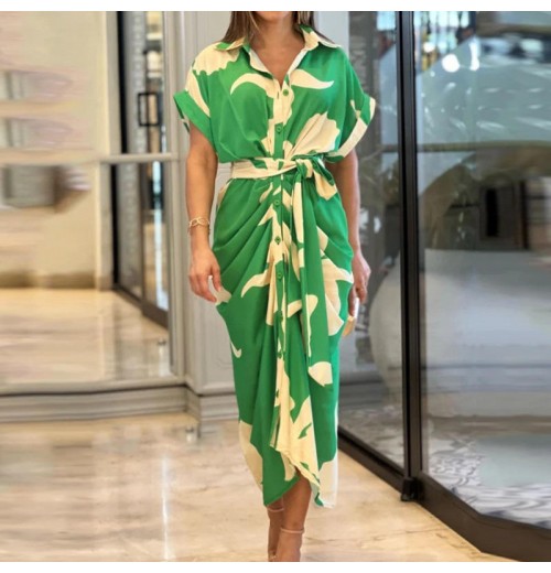 dresses women lady elegant women's printed short-sleeved dress Fashion Women's Casual Shirt Dress High-Waisted Knee-Length