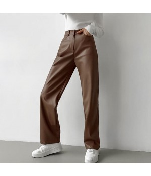 Autumn Winter New Haute Couture Women'S Pants Trousers Casual Streetwear Brown Straight Leg Leather Pants