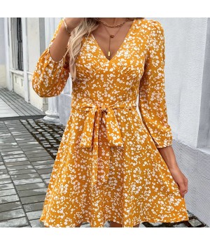 New Summer Floral Printed women's Dresses And V Neck Mini Dress With Ladies Belts For Dress