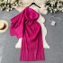 Women's Pleated One-shoulder Dress Single Side Sleeve Waist Slimming Hip Dress Autumn Female Long Dress