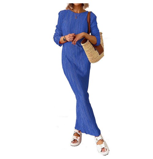 Vintage Regular Plain Plisse Basic Long Dress Casual Satin Crew Neck Long Sleeve Pleat Maxi Dress women