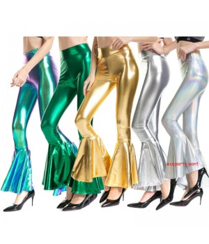 S-XXL Women Flare Shiny Trousers Laser Metallic Wetlook Ruffle Wide Leg Pants Retro 70s Disco Hippie Club Trousers Bell Bottoms